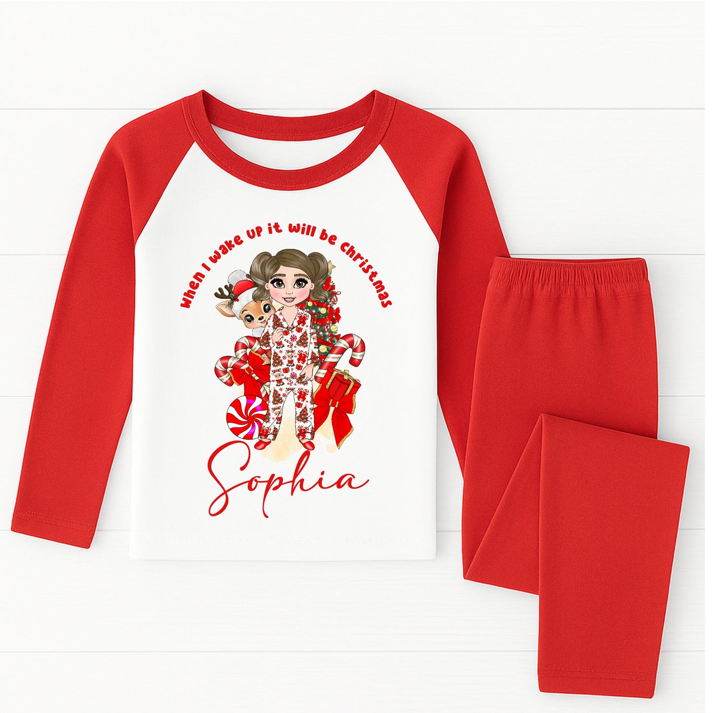 When I wake up Red Christmas pyjamas with doll print