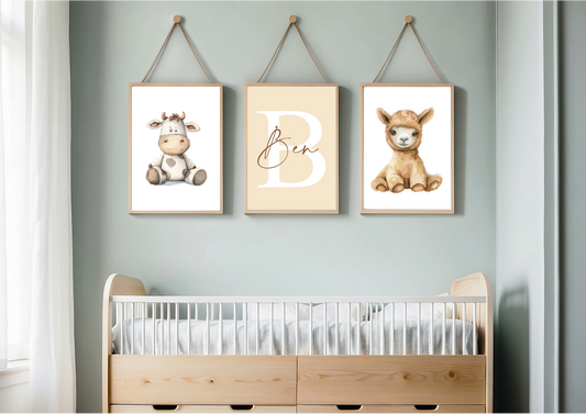 Baby Cow And Lamb Set Of Three Prints - Light Brown