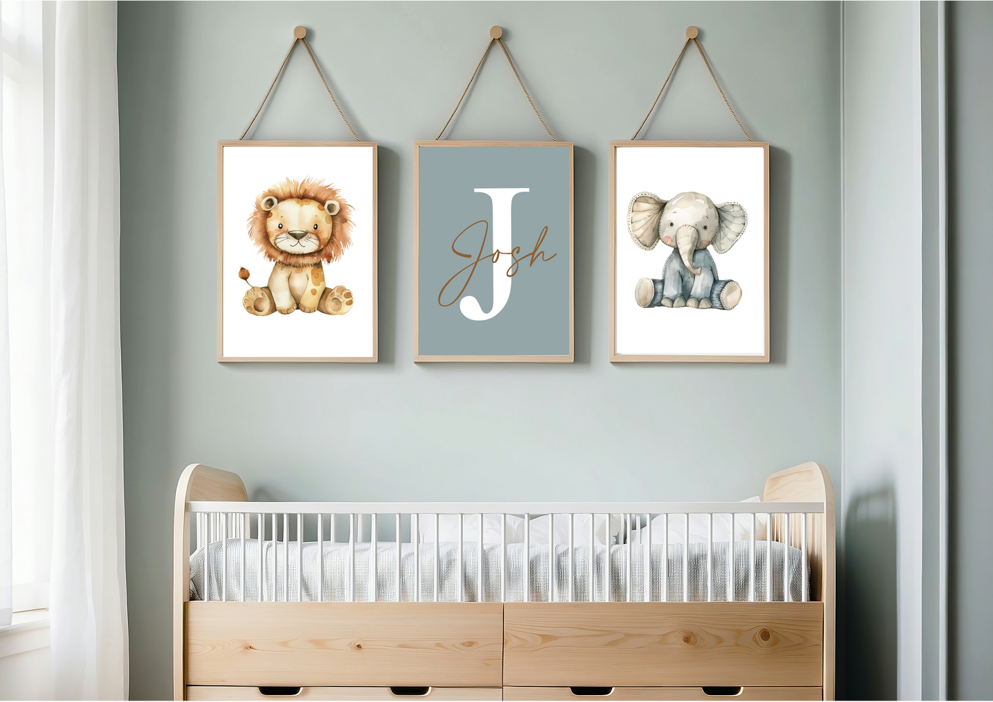 Lion and Elephant Set Of Three Prints - Blue/Grey