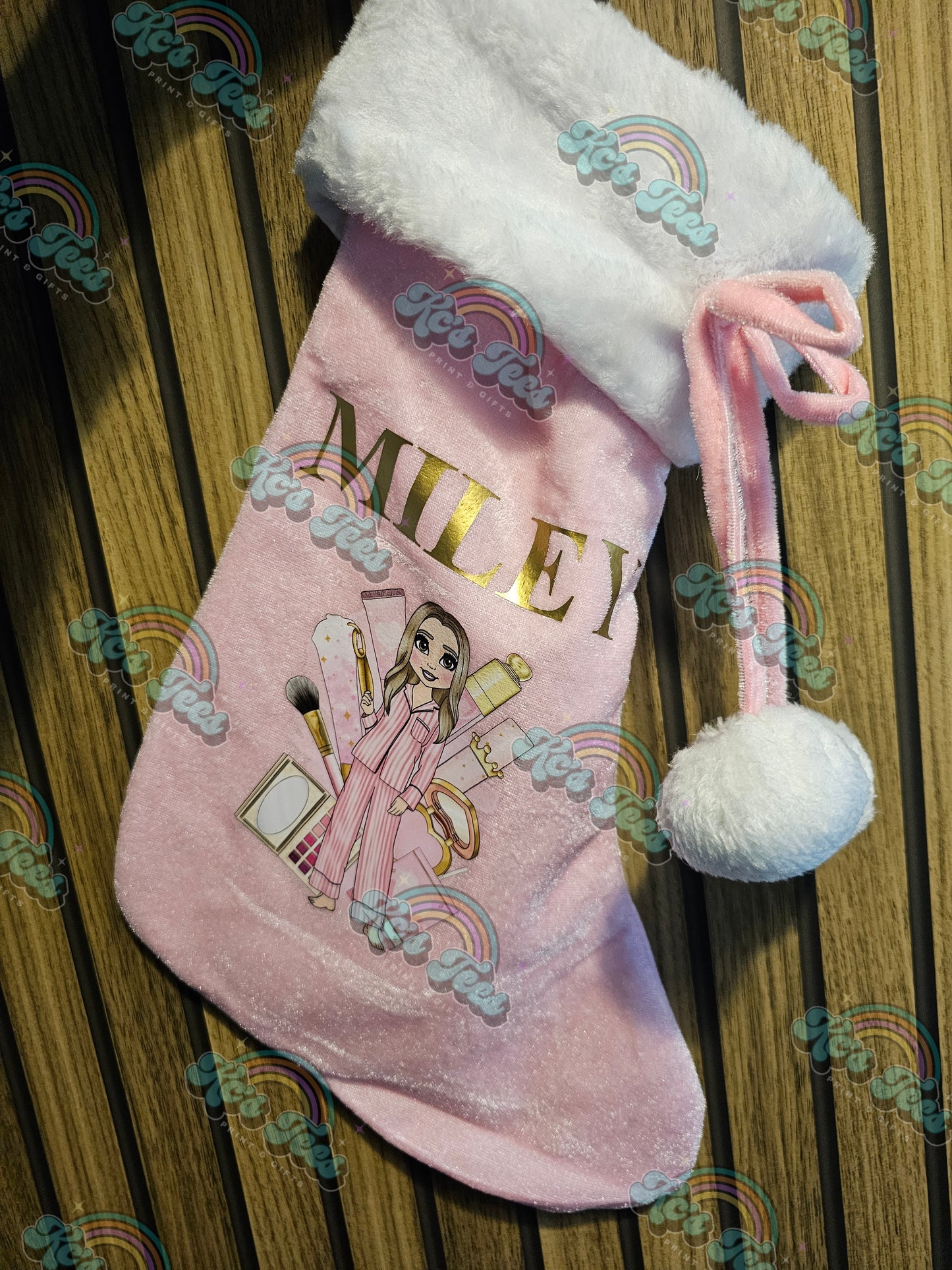 Pink Personalised Stocking with Make Up Girl Design