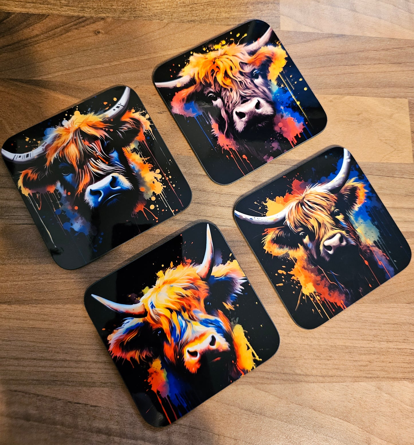 Set of four Highland cow coasters