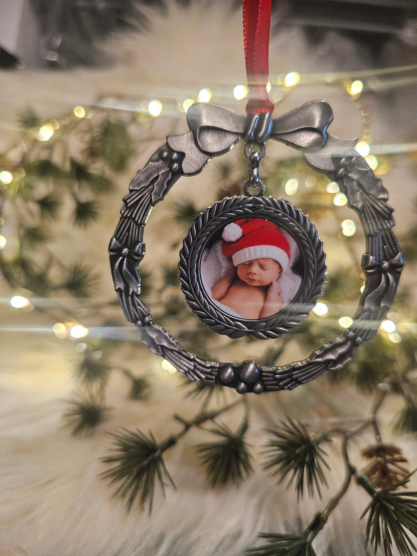 Personalised photo double sided wreath tree decoration