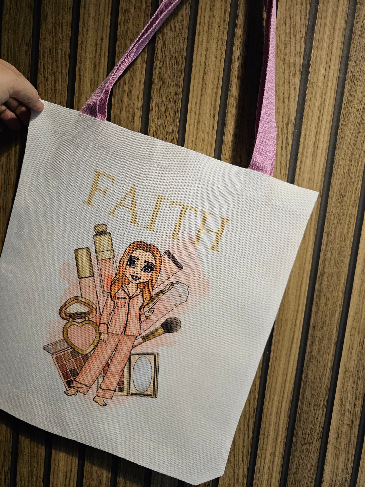 Pink handle make up girl tote bag.