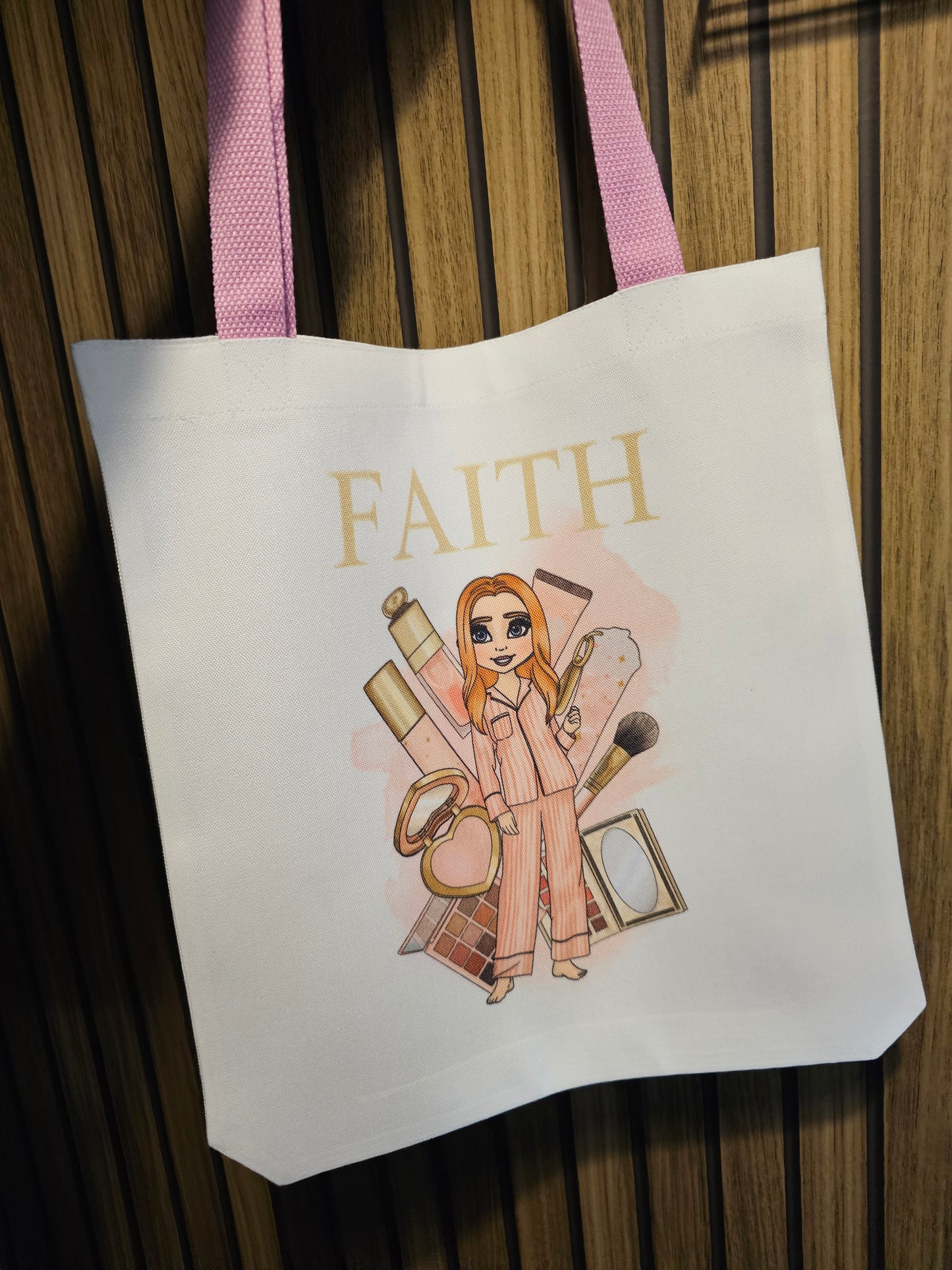Pink handle make up girl tote bag.