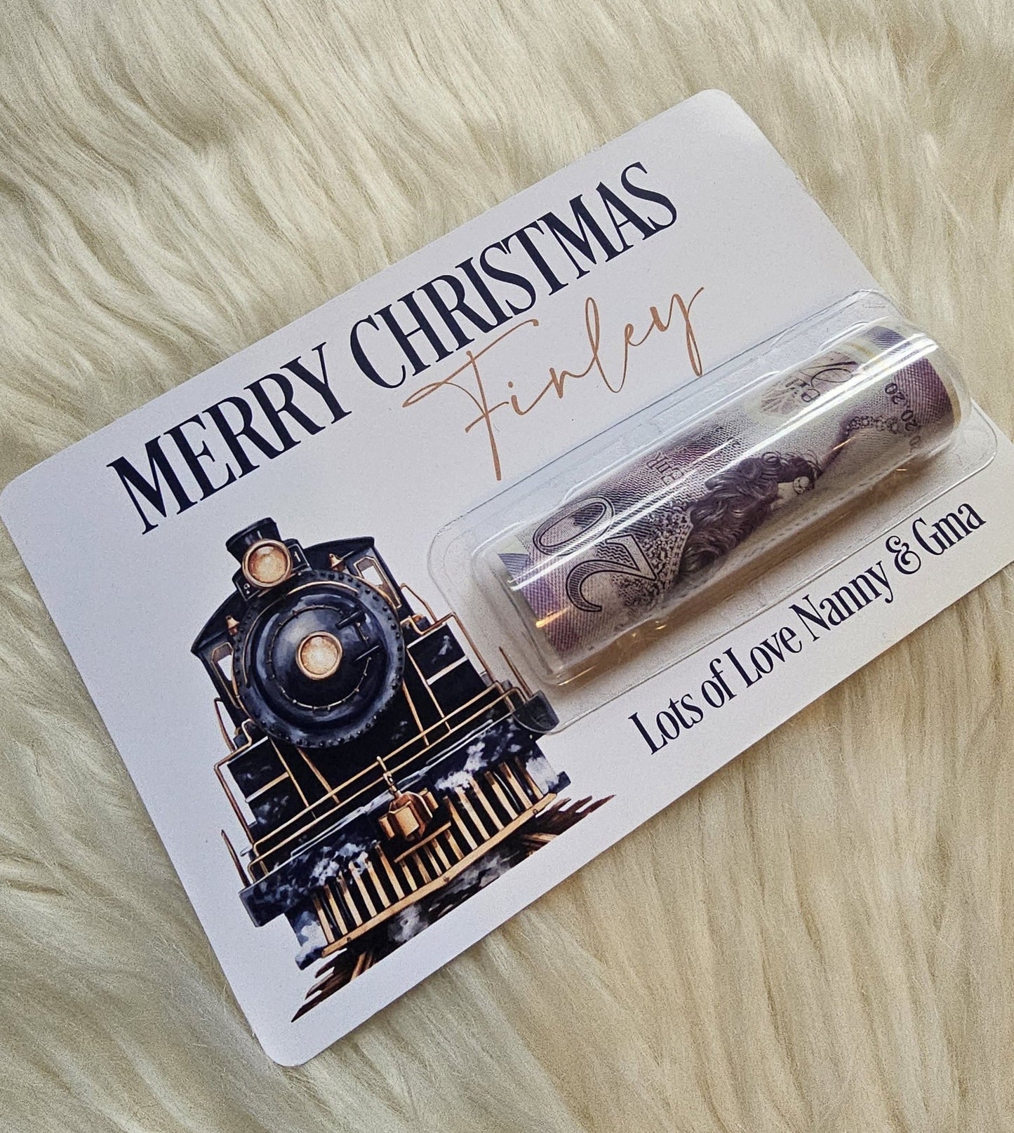 Personalised Money Holder - Christmas train design - Navy and pink available