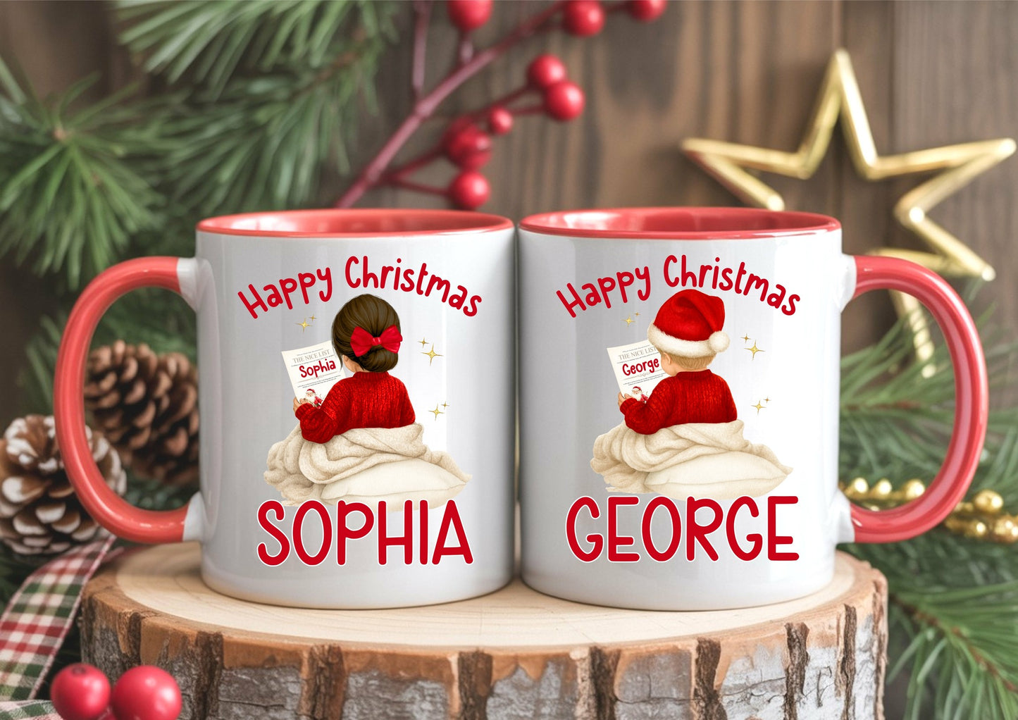 Christmas nice list personalised red mugs