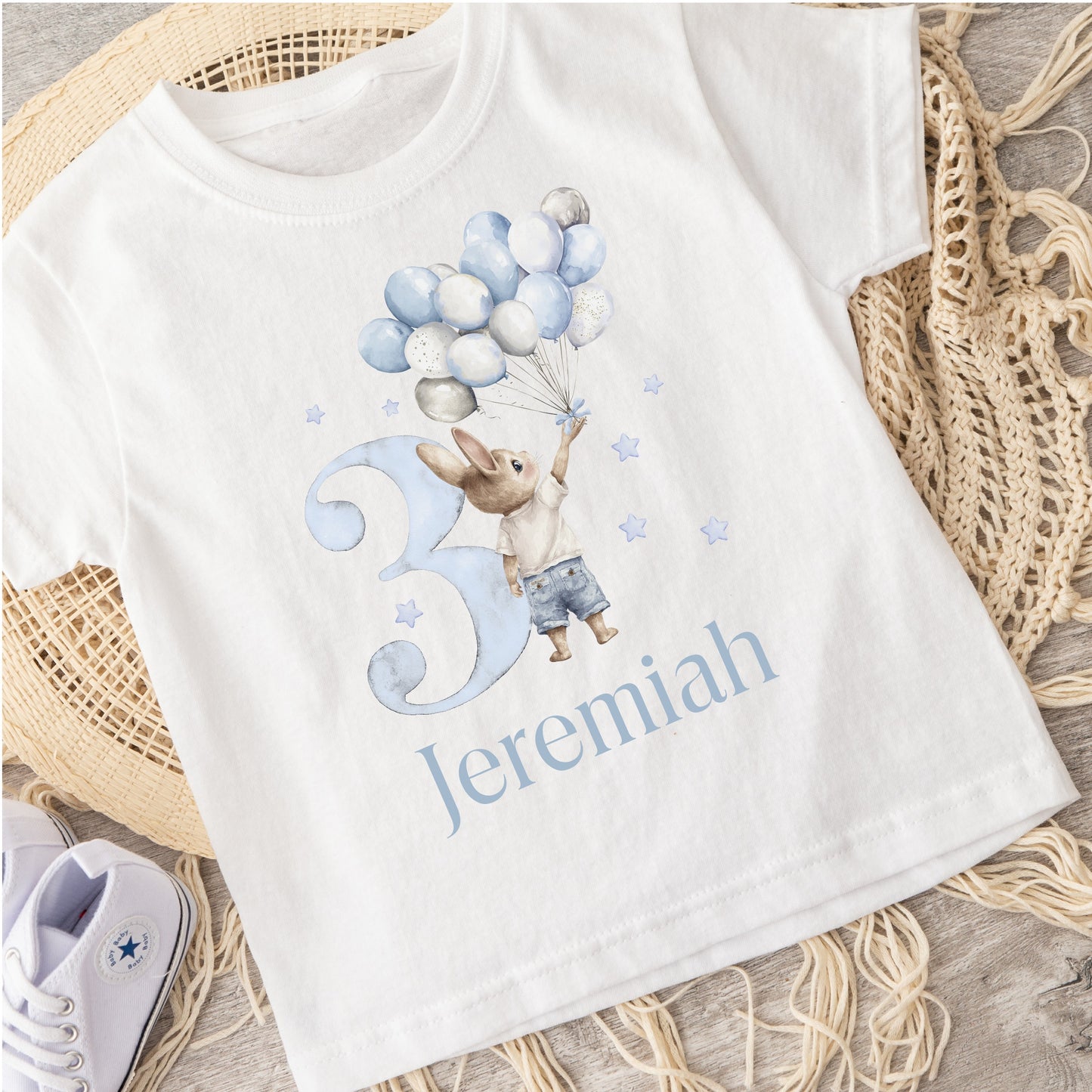 Personalised birthday age tshirt with blue balloon bunny design