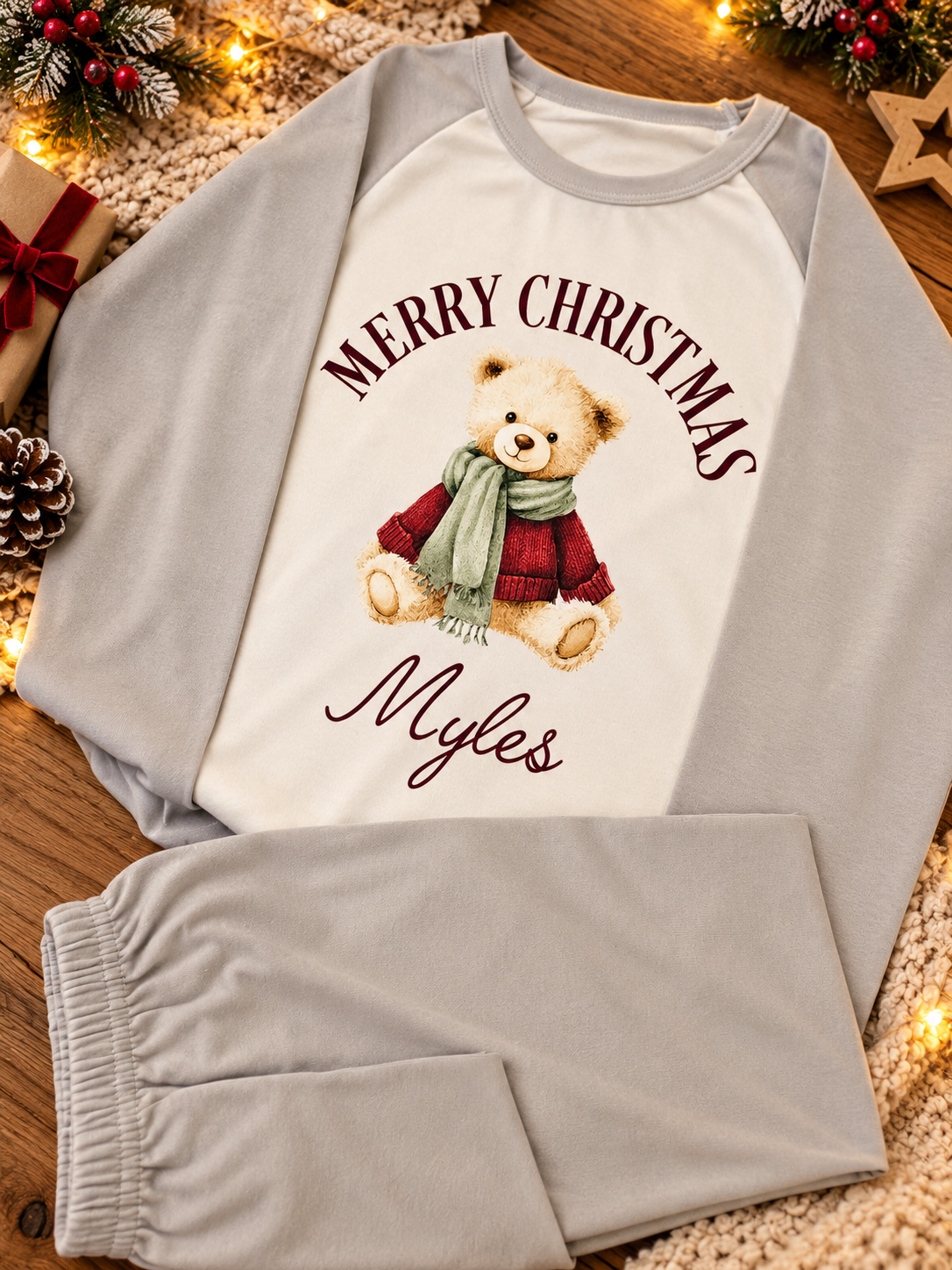 Personalised Merry Christmas teddy bear pyjama set in cream and grey