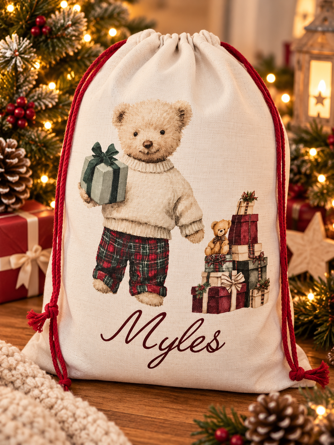 Personalised Christmas teddy bear Santa sack in cream and burgundy