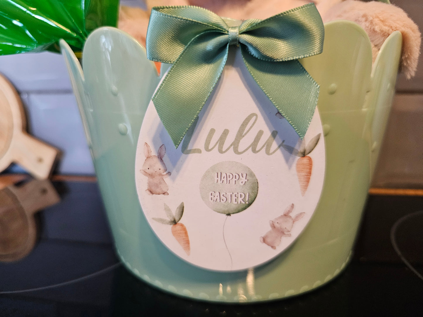 Personalised Easter Bucket With Acrylic Egg Shape Attachment.