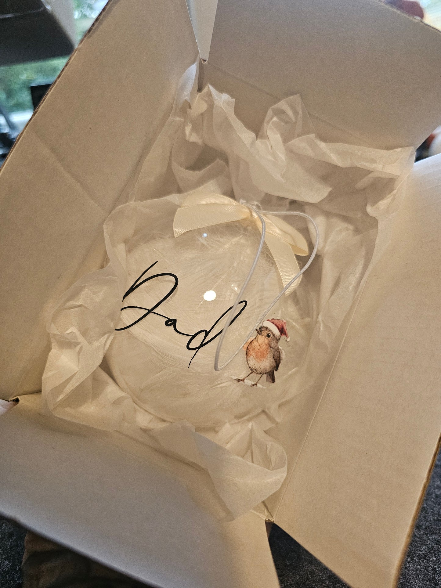 Personalised Robin in memory round feather Christmas bauble - Any name