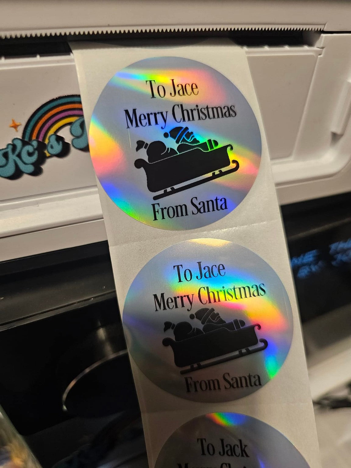 Holographic personalised Santa sleigh Christmas sticker roll
