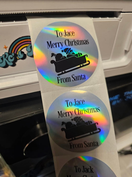 Holographic personalised Santa sleigh Christmas sticker roll