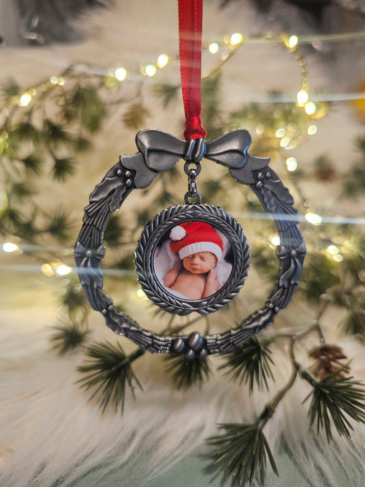 Personalised photo double sided wreath tree decoration