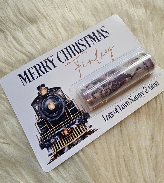 Personalised Money Holder - Christmas train design - Navy and pink available