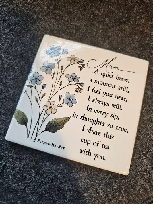 Personalised Forget Me Not Memorial Coaster – “Having a Brew With You” Remembrance Gift