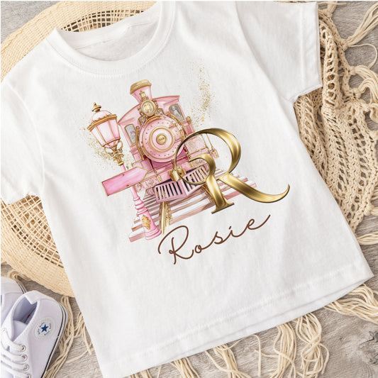 Personalised Pink Train kids Christmas tshirt