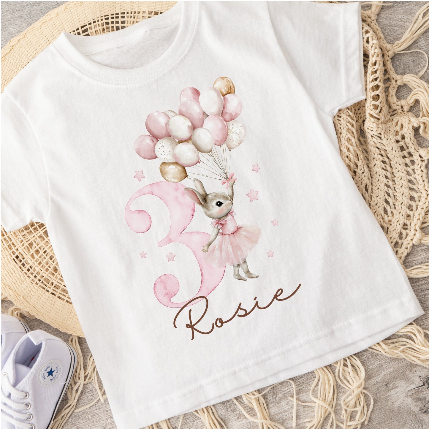 Personalised birthday age tshirt with pink balloon bunny design