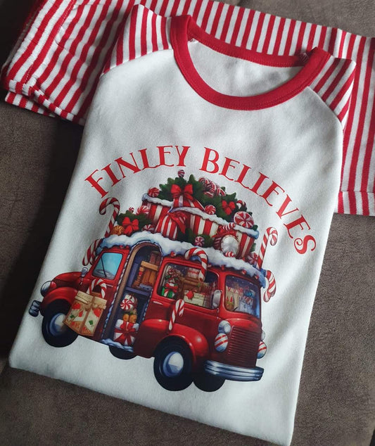 Kids Christmas Personalised Candycane Truck Pyjamas