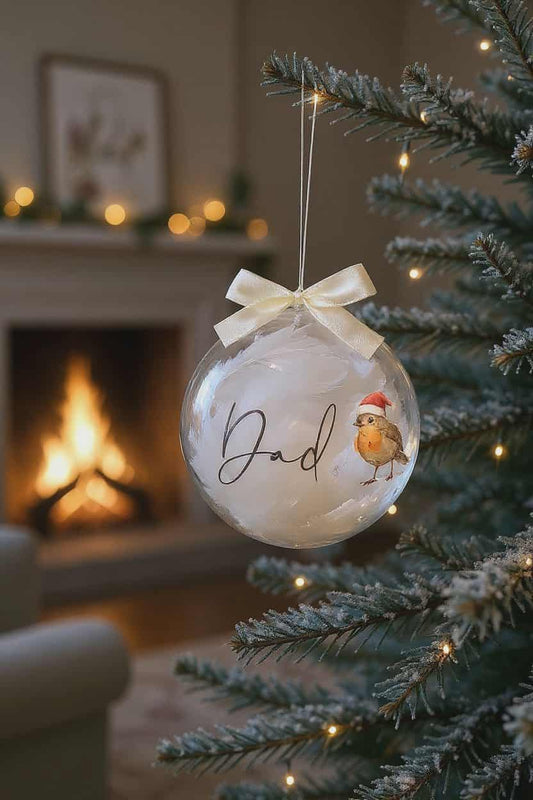 Personalised Robin in memory round feather Christmas bauble