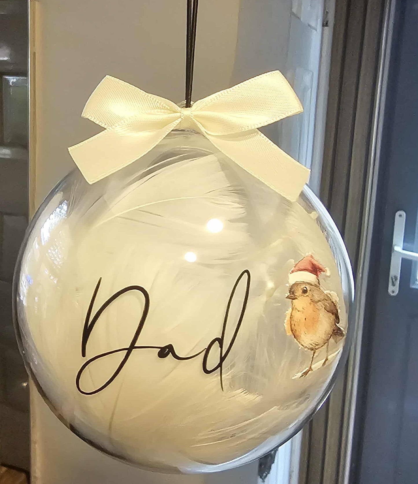 Personalised Robin in memory round feather Christmas bauble