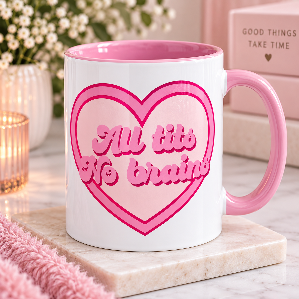 All Tits No Brains pink heart mug with pink handle and pink inner