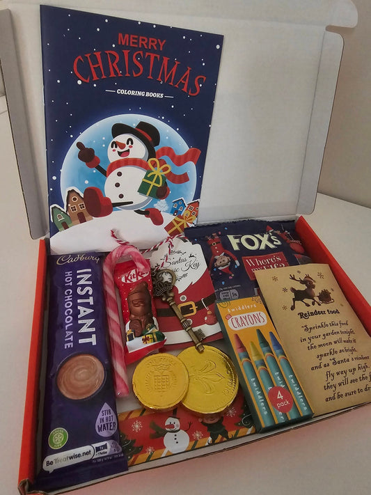 Christmas Eve activity box with colouring book, crayons, treats, Santa key and reindeer food