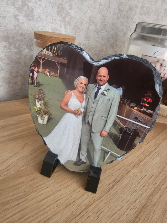 Personalised heart photo slate with wedding photo