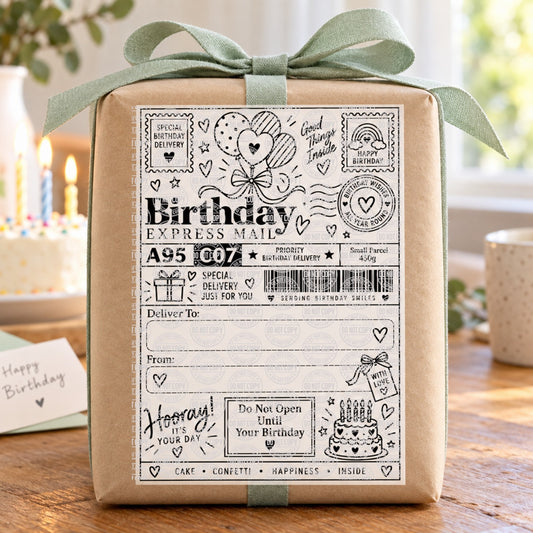 Personalised Birthday Express Mail balloons 6 x 4 inch self adhesive parcel sticker label