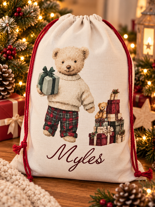 Personalised Christmas teddy bear Santa sack in cream and burgundy