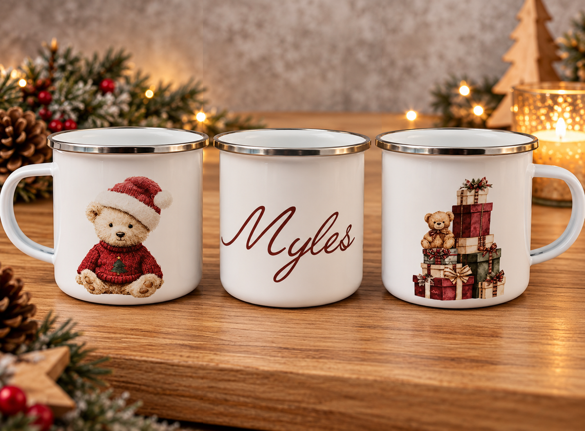 Personalised Christmas teddy bear enamel mug shown from three sides