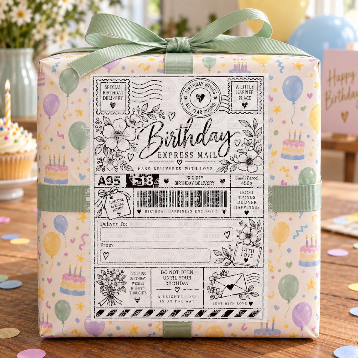 Personalised Floral Birthday Express Mail 6 x 4 inch self adhesive parcel sticker label