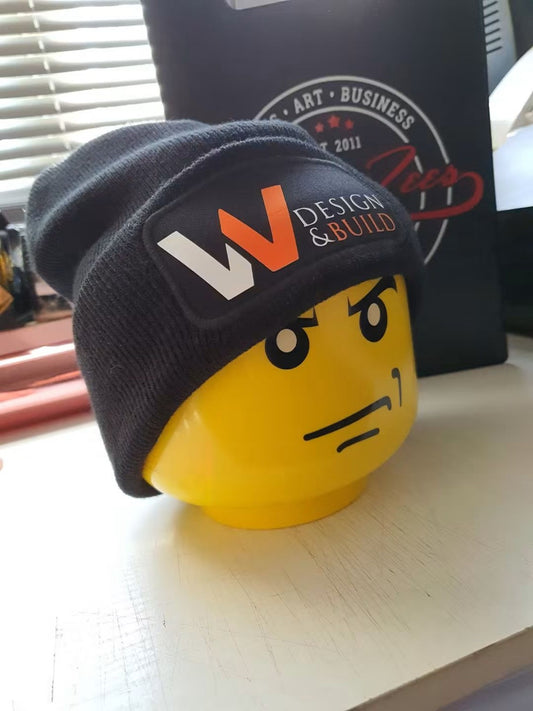 Personalised black patch beanie with printed business logo