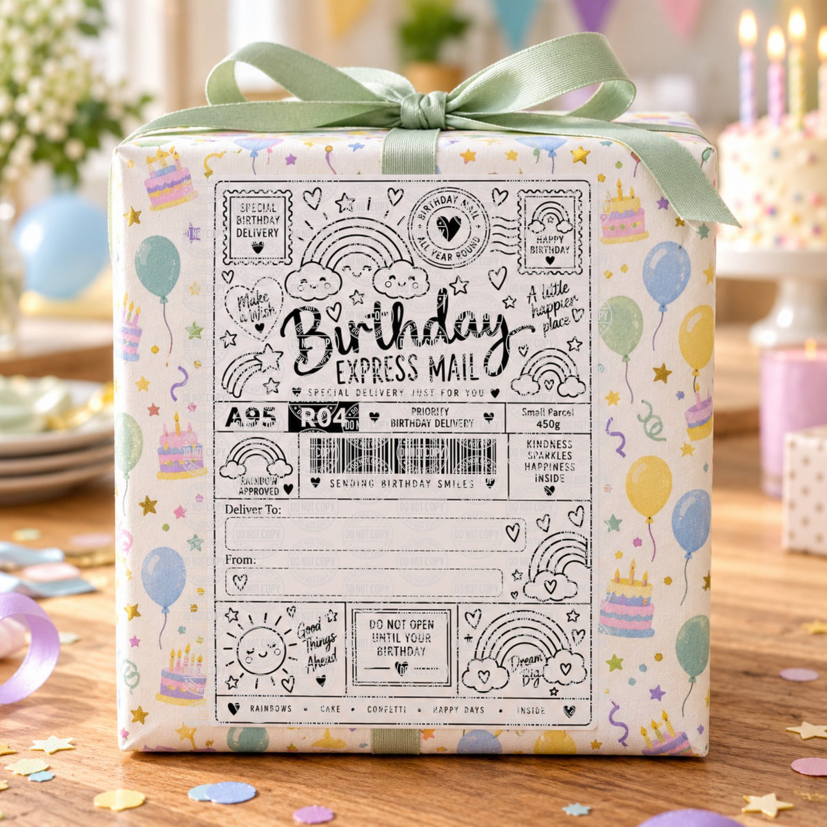 Personalised Rainbow Birthday Express Mail 6 x 4 inch self adhesive parcel sticker label