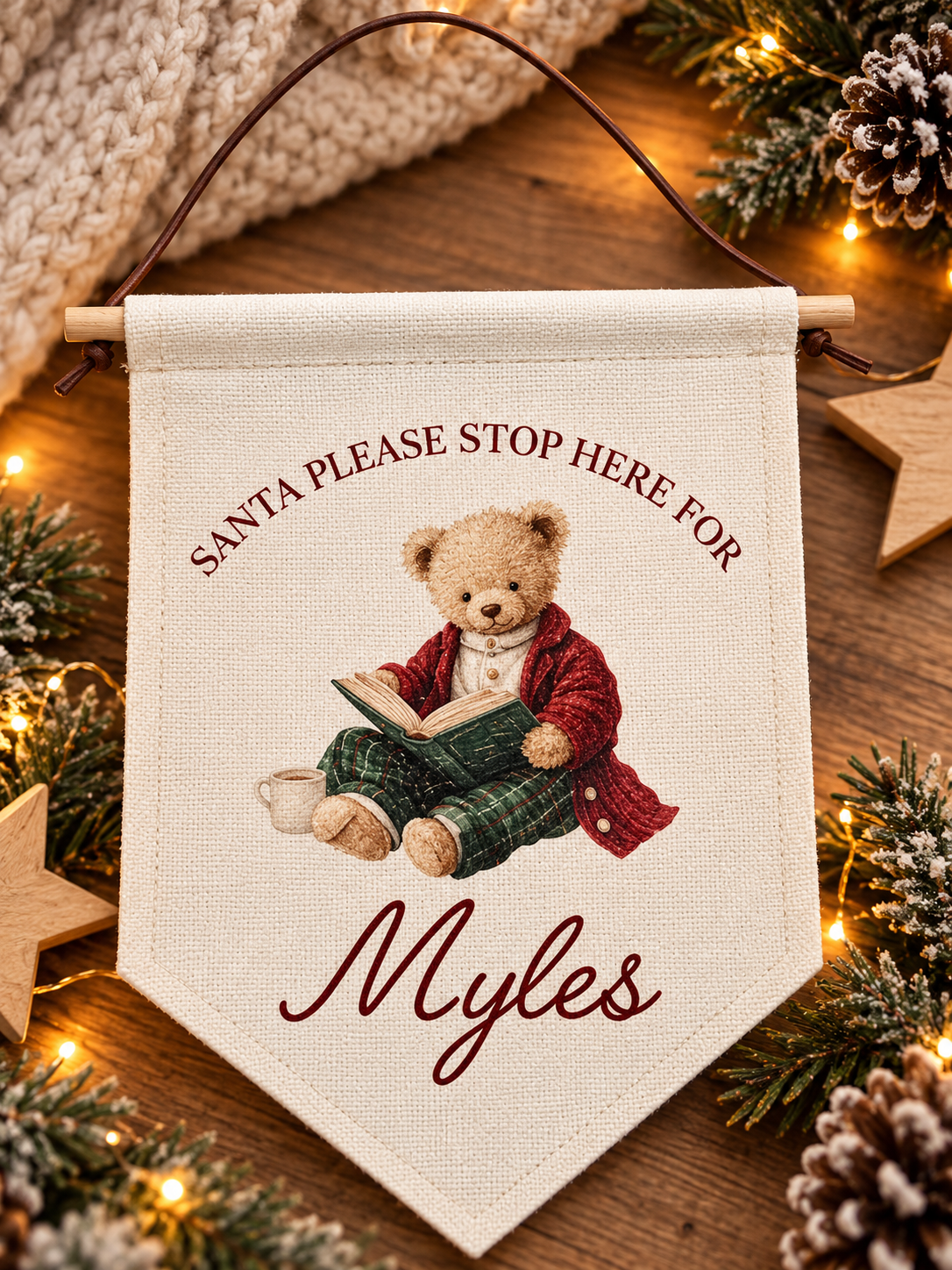 Personalised Santa Please Stop Here For hanging Christmas pennant with teddy bear