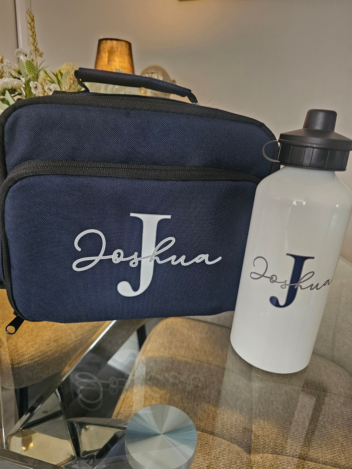 Personalised school lunch box and drinks bottle with name and initial