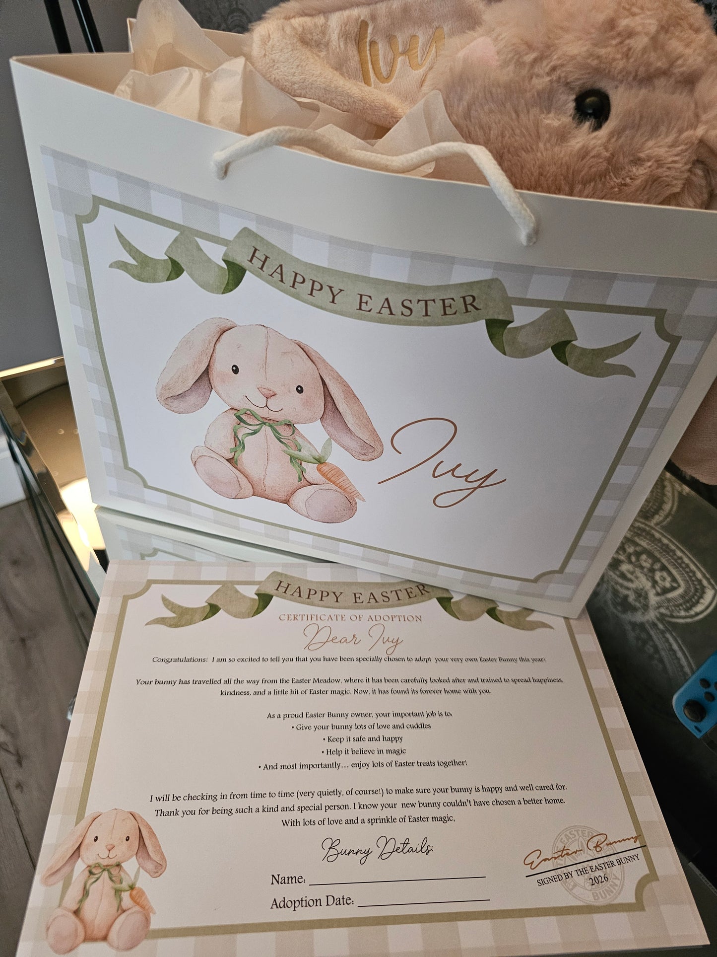 Personalised Easter Bunny Adoption Gift Set | Plush Bunny, Keepsake Bag & Certificate