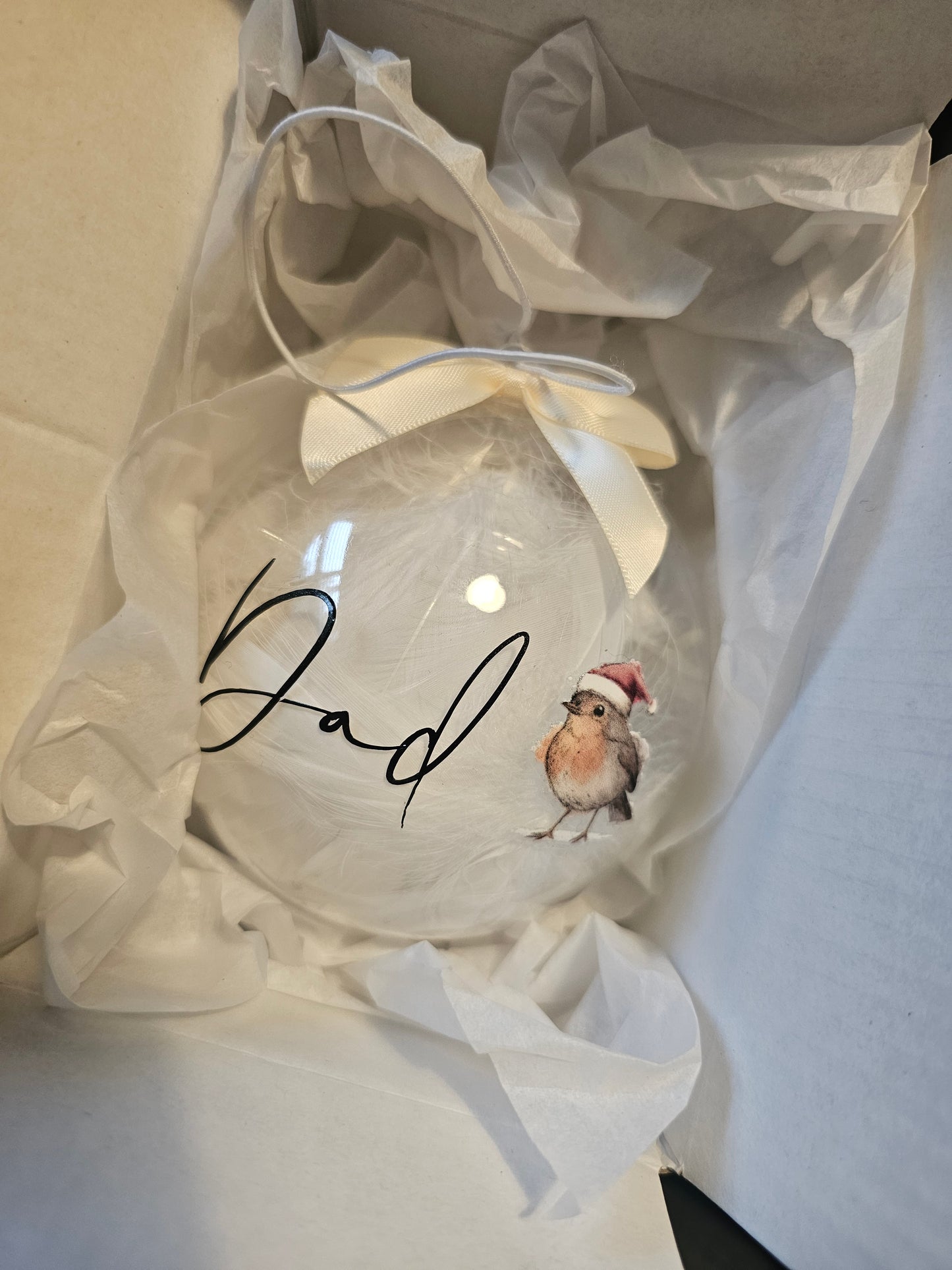 Personalised Robin in memory round feather Christmas bauble - Any name