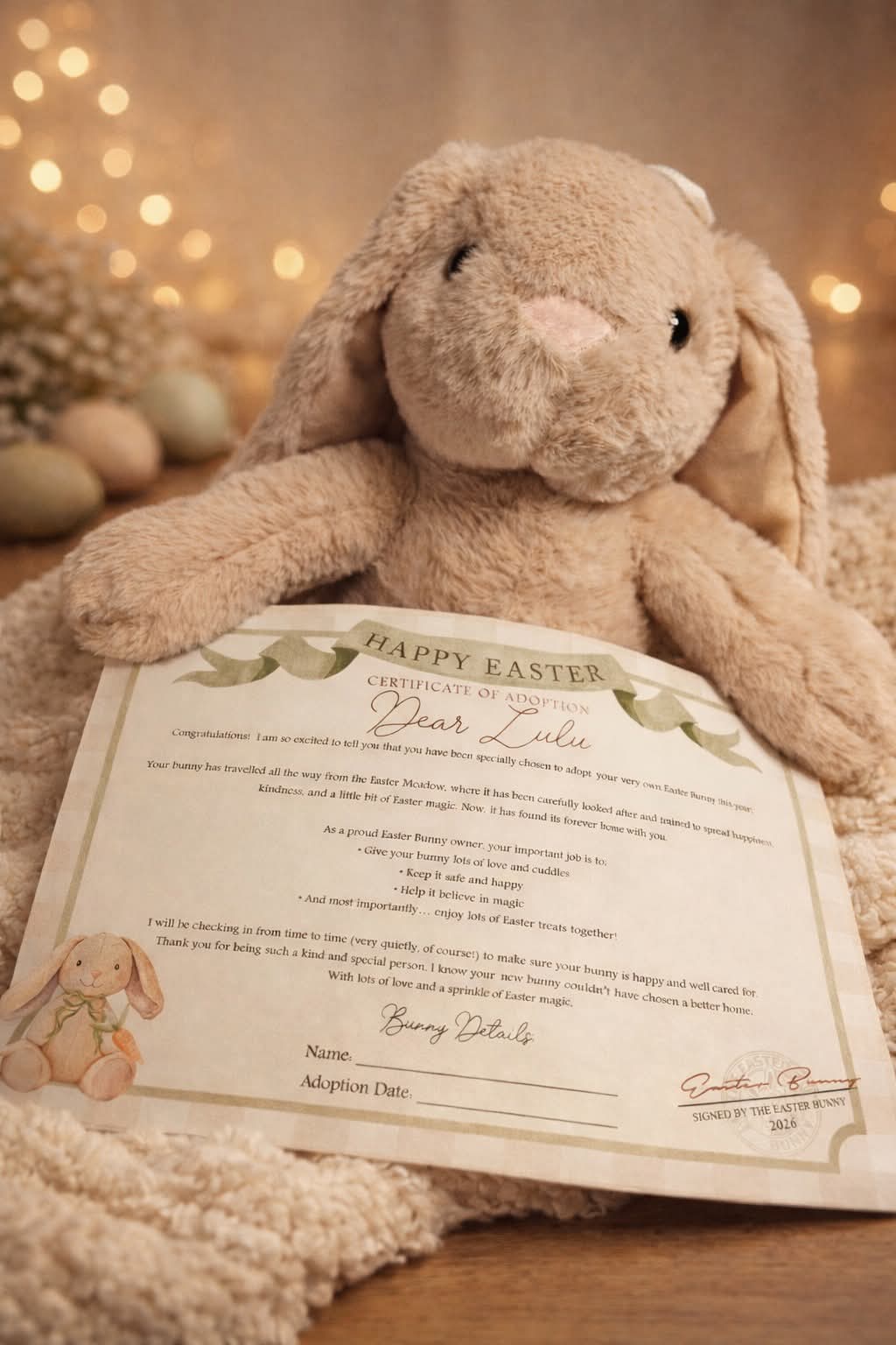 Personalised Easter Bunny Adoption Gift Set | Plush Bunny, Keepsake Bag & Certificate