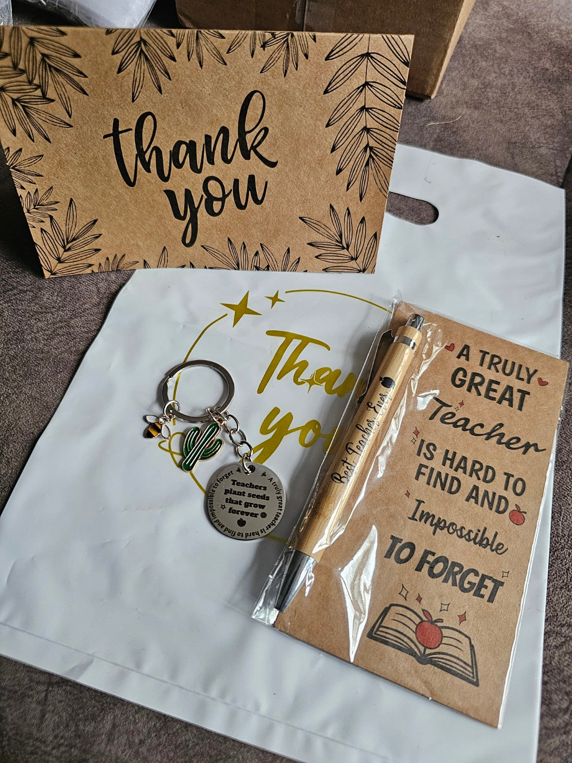 Teacher thank you gift set with wooden keyring, notebook and pen